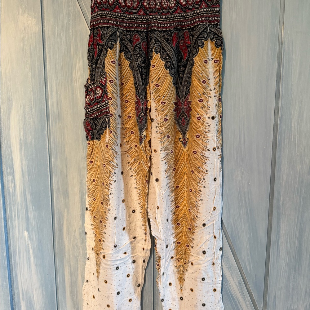 Bohemian White Red Black Patterned Women's Pants